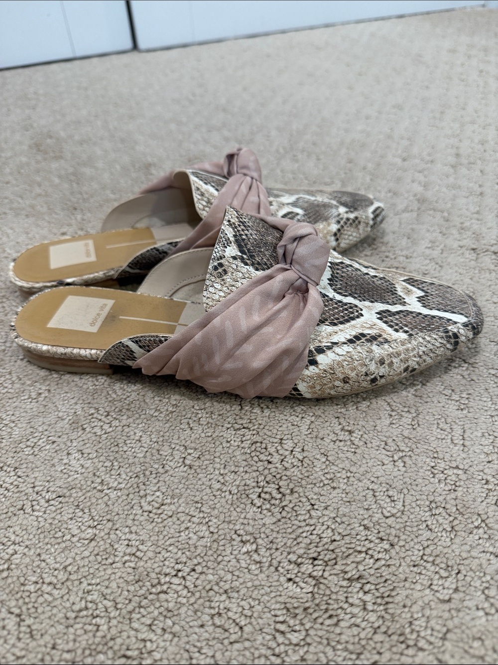 Dolce Vita Snake-Print Slip-On Mules with Blush Knot Accent size 9